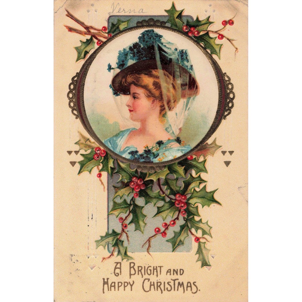 Antique 1910 Christmas Postcard Embossed Woman Portrait Holly Berries 1052 VG- - Picture 1 of 2